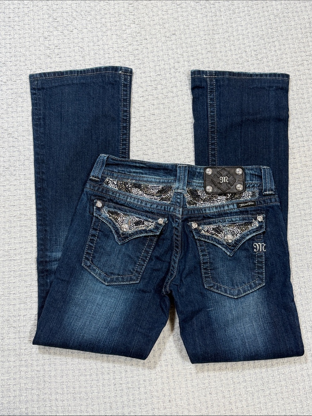Miss Me Straight Leg Jeans Dark Blue JP512487 White Stitching Bling Size 27